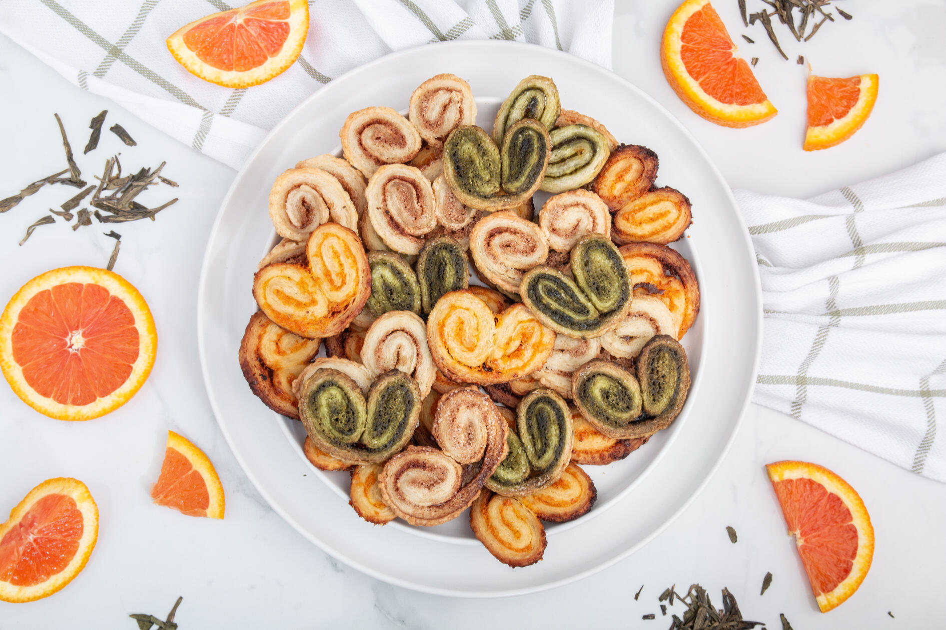 orange, matcha, and traditional palmiers